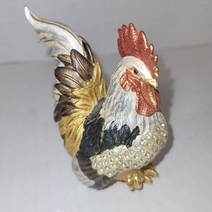 Vintage Rucinni Rooster Hinged Trinket Box Jeweled with Swarovski Crystals white